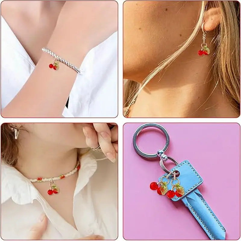 Close-up shots of red cherry glass charms used for jewelry making on a bracelet, earring, and necklace.
