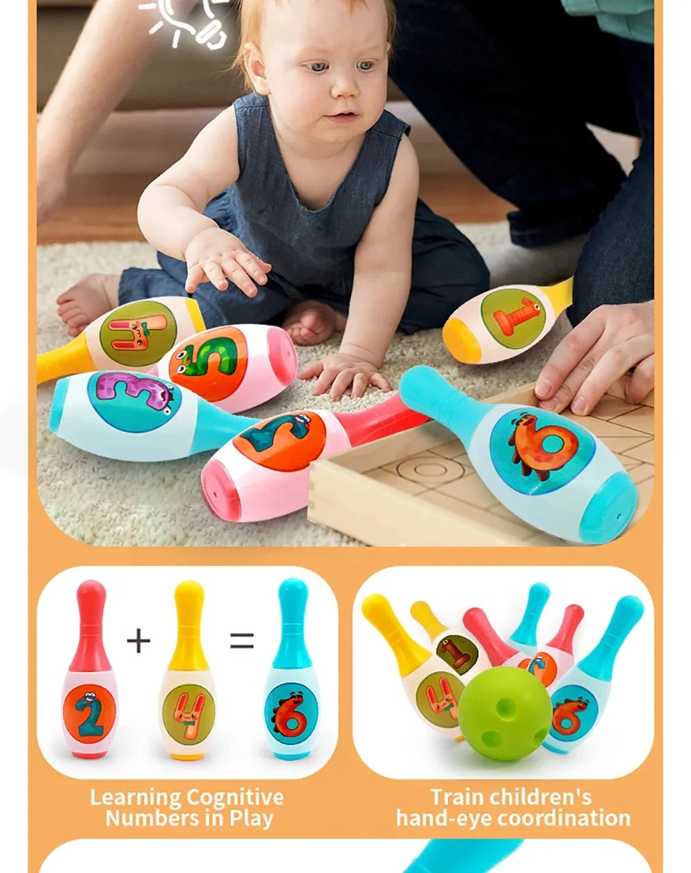 A soft foam bowling set for kids featuring numbers and animal designs used for learning cognitive numbers in play.