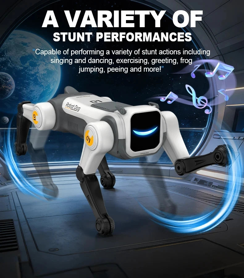 A white robotic dog performing stunts in a futuristic environment with blue light effects.