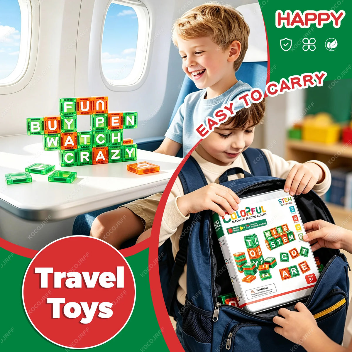 A young boy is happily playing with a magnetic building blocks learning set featuring uppercase letters in an airplane cabin 