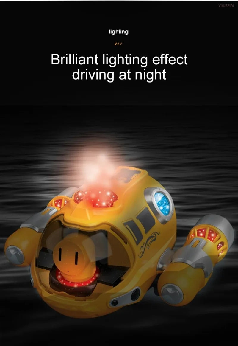 Un bateau spray électrique à télécommande jaune émet un effet lumineux la nuit.