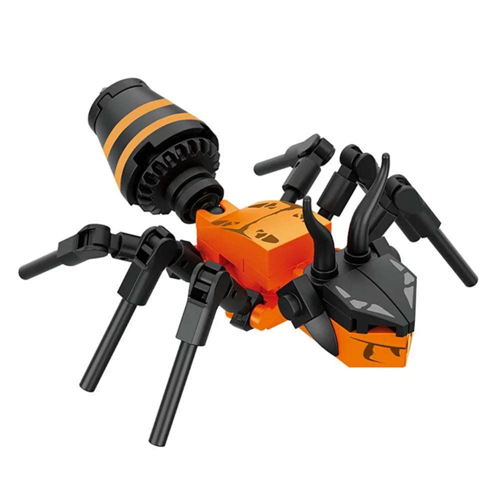 An insect building blocks set featuring black and orange plastic figures like a bee or ant.