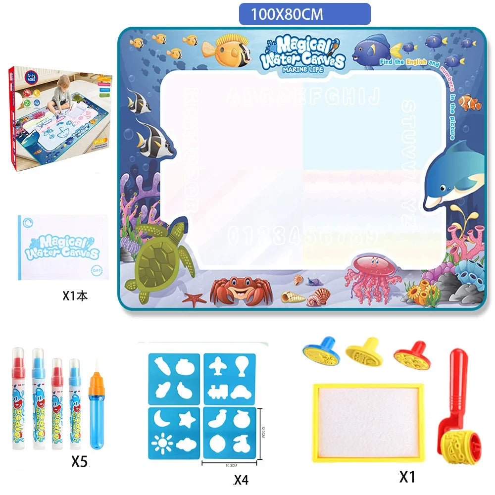 A large magic water drawing mat for kids featuring various marine life illustrations and included pens and materials.