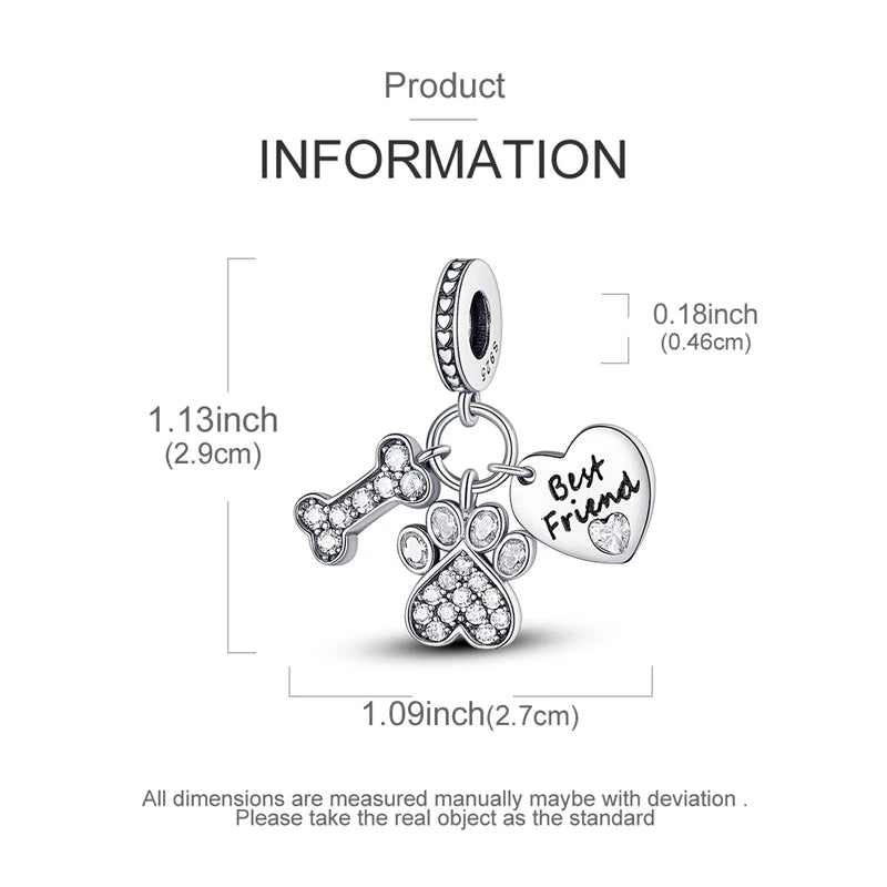 A sterling silver charm featuring a paw print and the words Best Friend, used for DIY jewelry making.