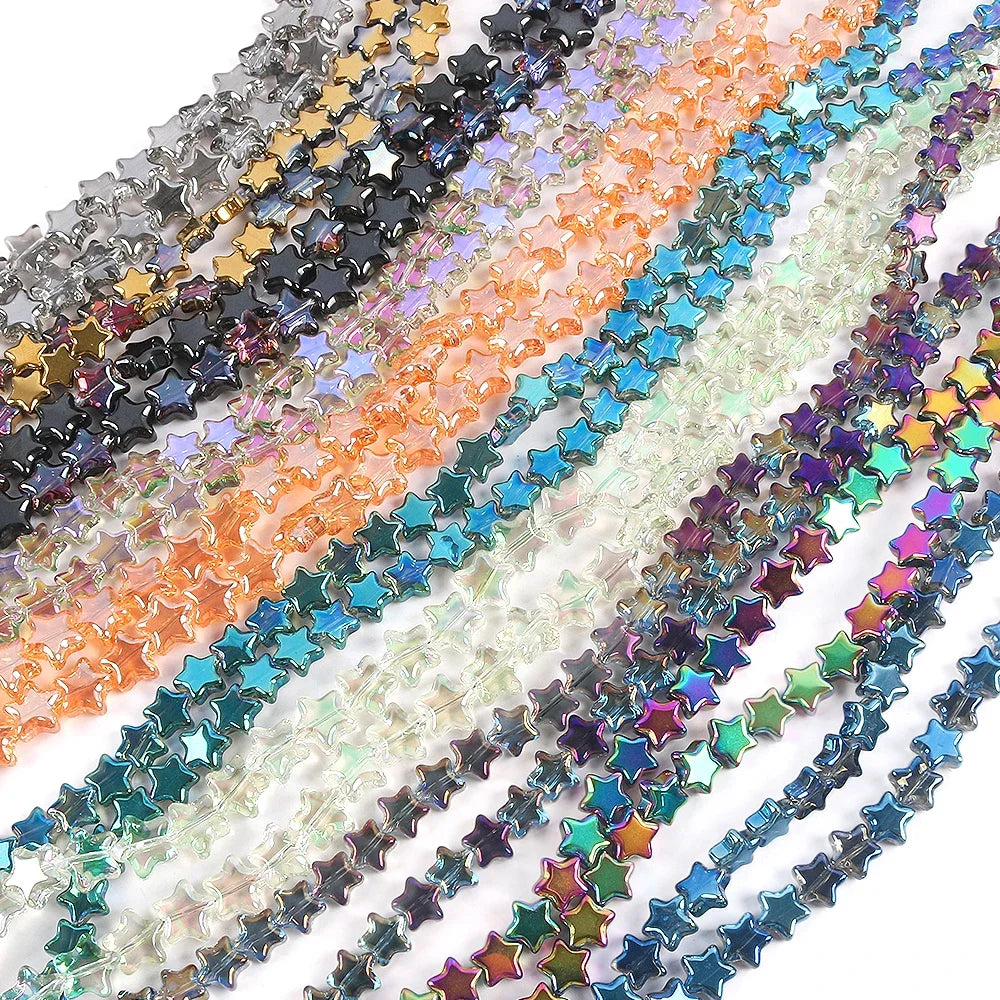 A collection of multicolored glass star spacer beads in various shades and transparencies for jewelry making