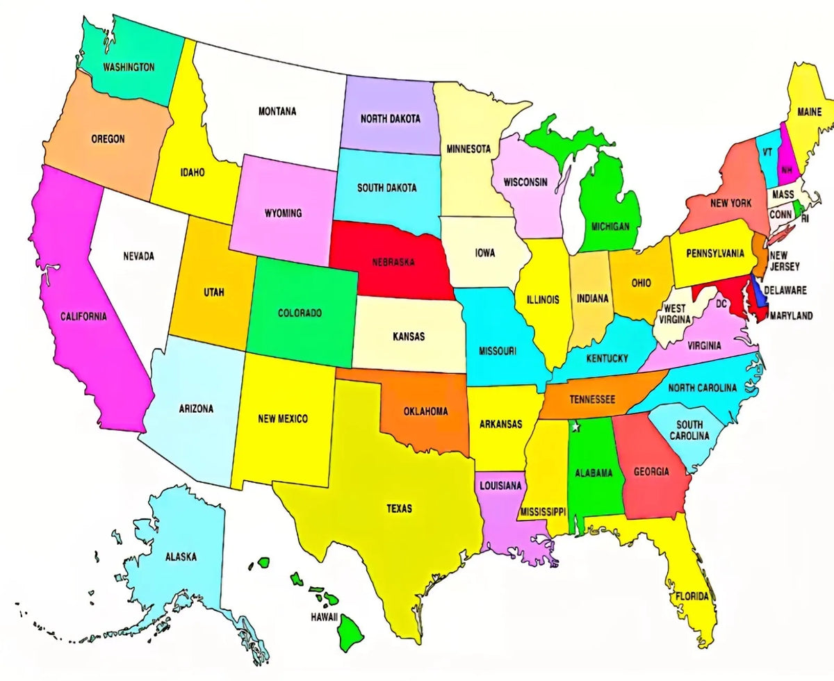 A political map of the United States showing its states and surrounding regions.