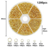 A circular tray of gold-colored jewelry findings, organized into sections by size and quantity.