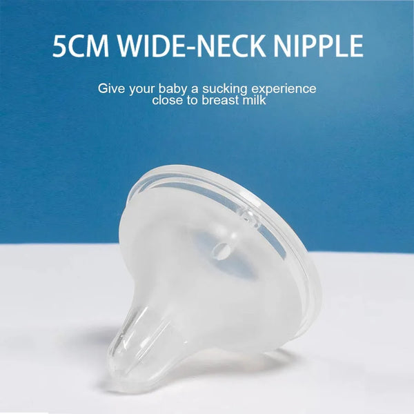 A clear silicone baby bottle nipple is shown against a blue background.