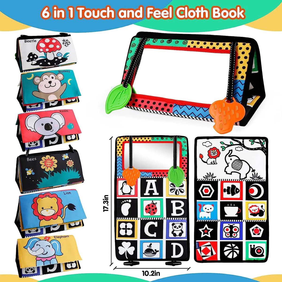 High-Contrast Tummy Time Baby Mirror with Crinkle Cloth Book and Teether