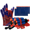 A set of superhero web shooter glove toys featuring red and blue grips and a red hand accessory.