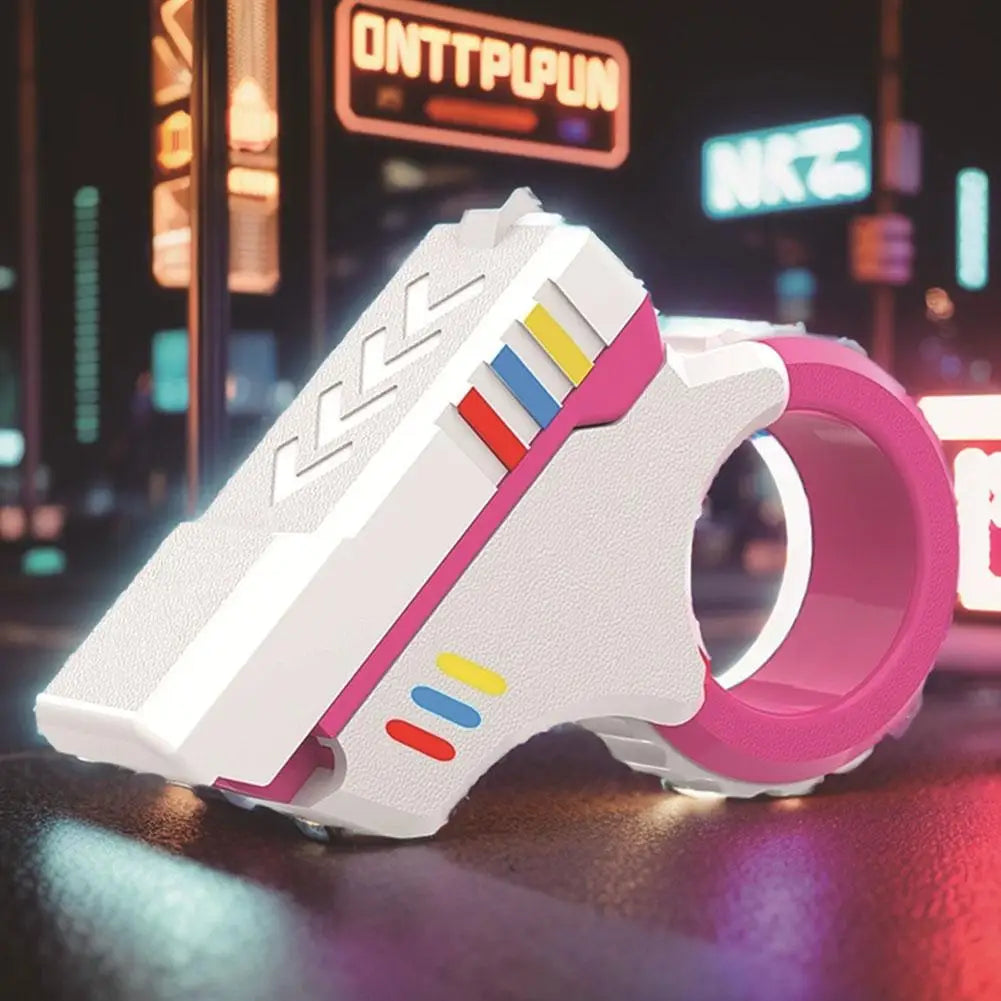A white and pink 3D printed rotary finger slider fidget toy is shown on a dark surface with blurred neon lights in the backgr