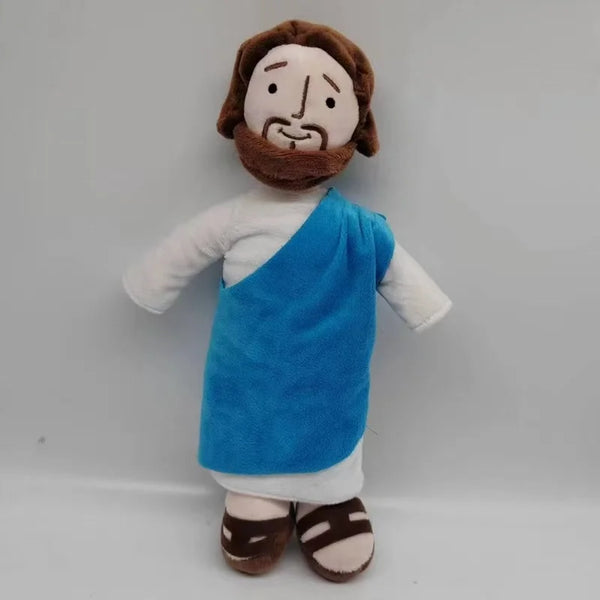 A simulation plush figurine depicting a bearded man with brown hair wearing a blue tunic and white sleeves.