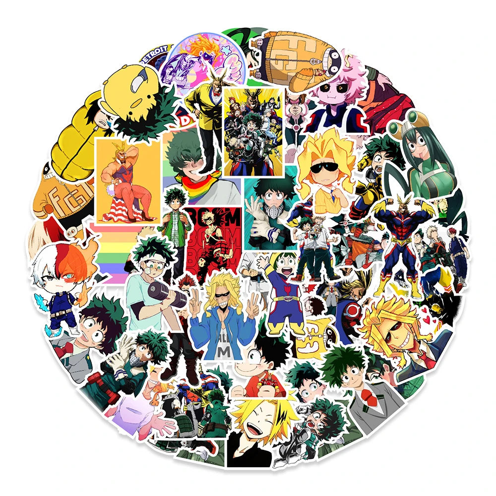 A collection of My Hero Academia anime decals and stickers featuring various characters and scenes.