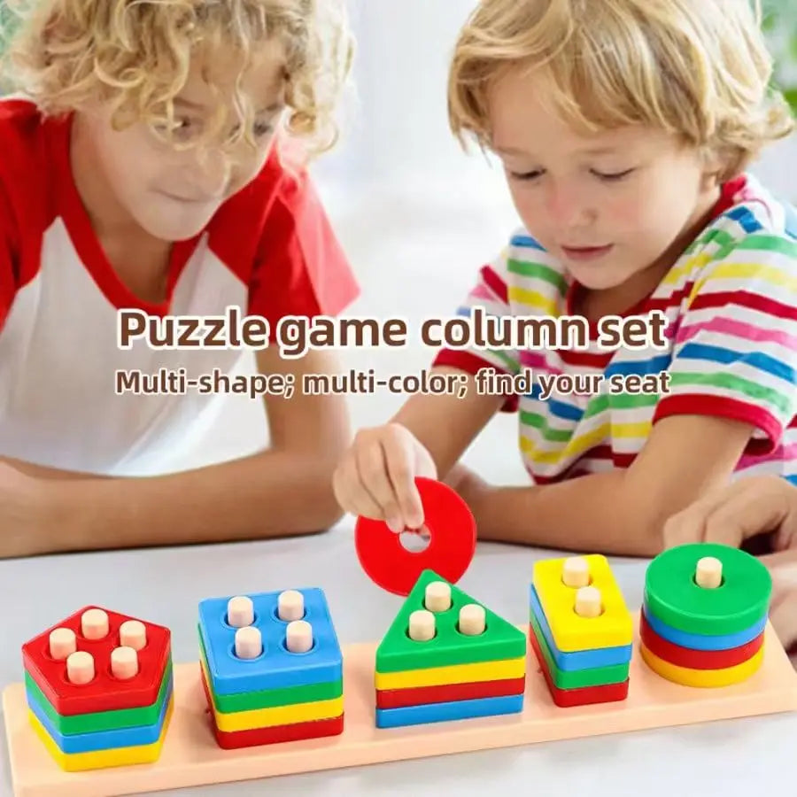 A set of colorful puzzle game column blocks with multi-shape and multi-color pieces for toddlers.