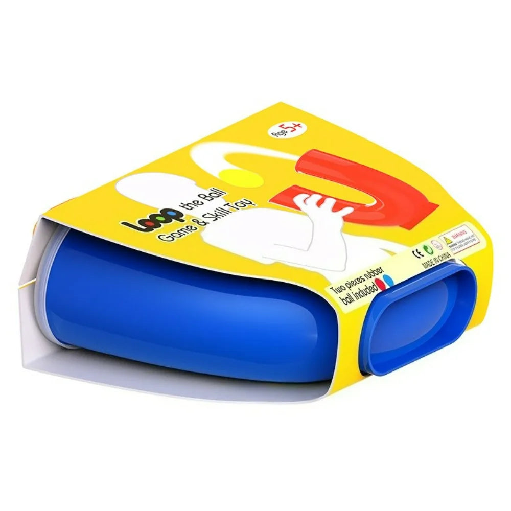 A yellow box for a Loop game and skill toy featuring a blue U-shaped juggling ball.