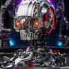 A detailed mechanical skull puzzle assembly featuring silver and red components with glowing LED lights.