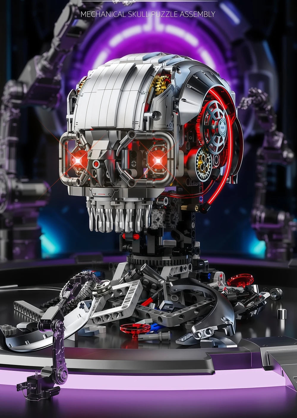 A detailed mechanical skull puzzle assembly featuring silver and red components with glowing LED lights.
