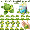 A green stuffed sea turtle animal toy with a yellow underside, shown in various poses and sizes.