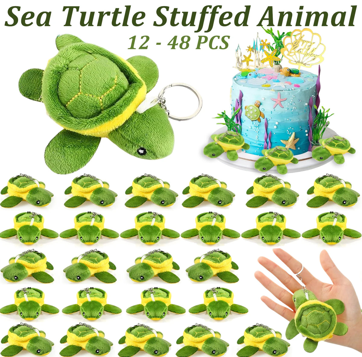 A green stuffed sea turtle animal toy with a yellow underside, shown in various poses and sizes.