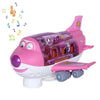 A pink toy airplane with lights and music, featuring a smiling face and clear windows.