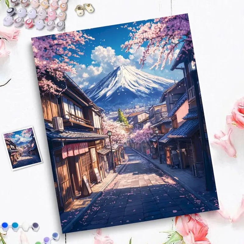 A painting of a purple landscape featuring cherry blossoms and traditional Japanese architecture.
