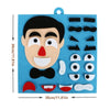 A blue felt puzzle game featuring a black face with white eyes, nose, and mouth, along with various facial expression pieces.