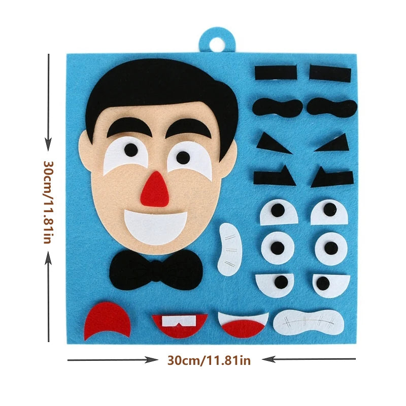 A blue felt puzzle game featuring a black face with white eyes, nose, and mouth, along with various facial expression pieces.