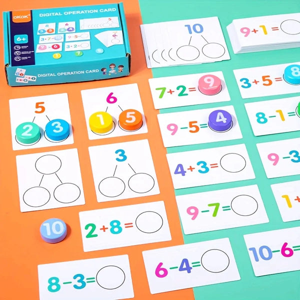 A collection of colorful digital math operation cards for addition and subtraction displayed on a table.