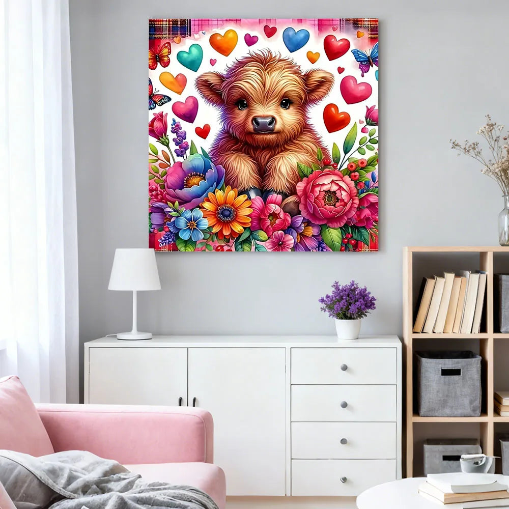 A vibrant diamond painting featuring a golden-colored bear surrounded by colorful flowers and leaves.