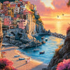 A vibrant painting of a coastal town built into cliffs overlooking a blue sea at sunset.