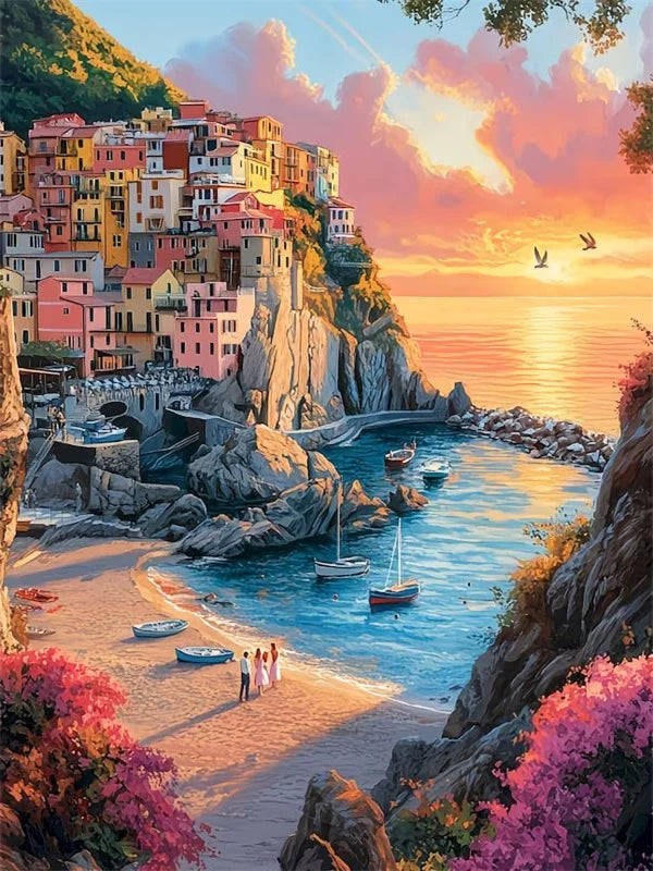 A vibrant painting of a coastal town built into cliffs overlooking a blue sea at sunset.