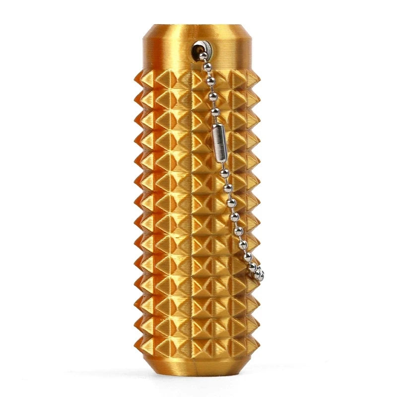 A gold-colored, textured cylindrical fidget roller keychain with a silver chain.