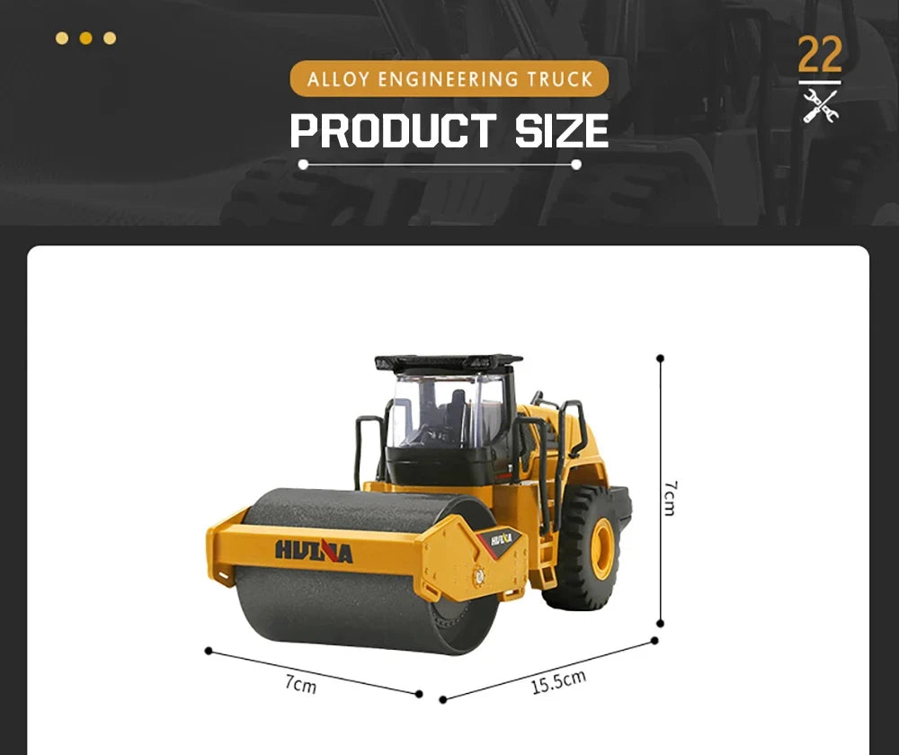 A yellow alloy engineering truck product size demonstration showing a roller with dimensions of 7cm and 15.5cm.