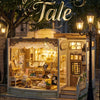 A miniature wooden dollhouse store display featuring jewelry and goods under warm lighting in a wet outdoor setting.