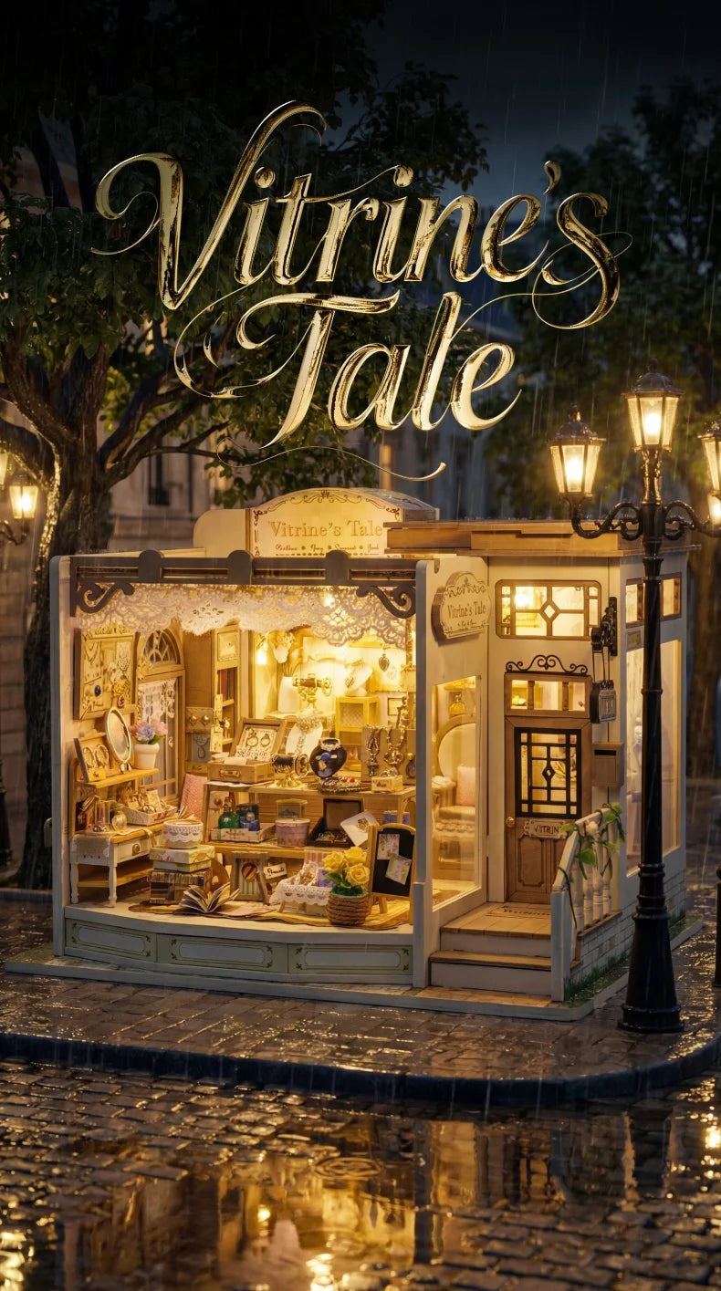 A miniature wooden dollhouse store display featuring jewelry and goods under warm lighting in a wet outdoor setting.