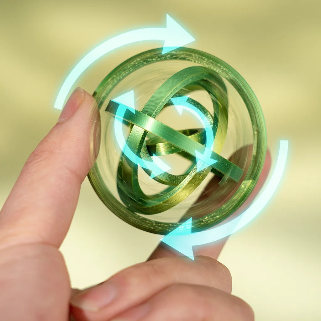 A hand spins a green 3D printed ring toy, demonstrating its kinetic movement.