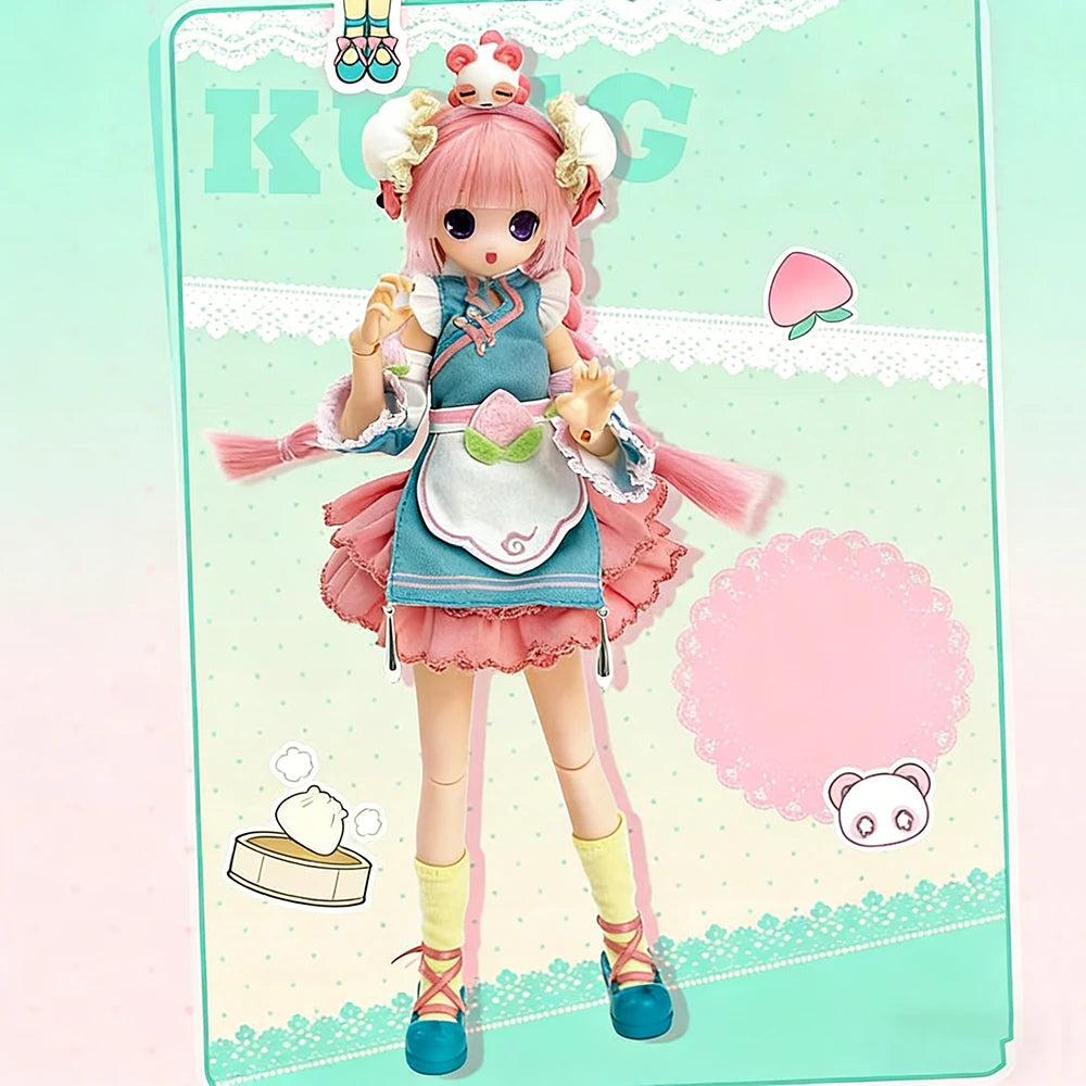 A pink-haired BJD collectible doll with a frilly dress and pink hair accessories standing against a light green background.