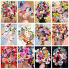 A collage of various women with elaborate floral headpieces and colorful flowers.
