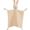 A light beige soft cotton muslin baby comforter blanket shaped like a rabbit.