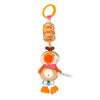 A plush hanging rattle toy with a yellow ring and colorful fabric attached to a wooden animal figure.