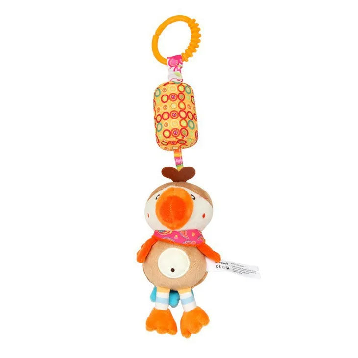 A plush hanging rattle toy with a yellow ring and colorful fabric attached to a wooden animal figure.