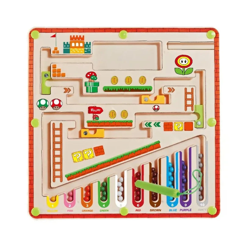 A wooden magnetic maze toy featuring colored blocks and numbers for counting and fine motor skill development.
