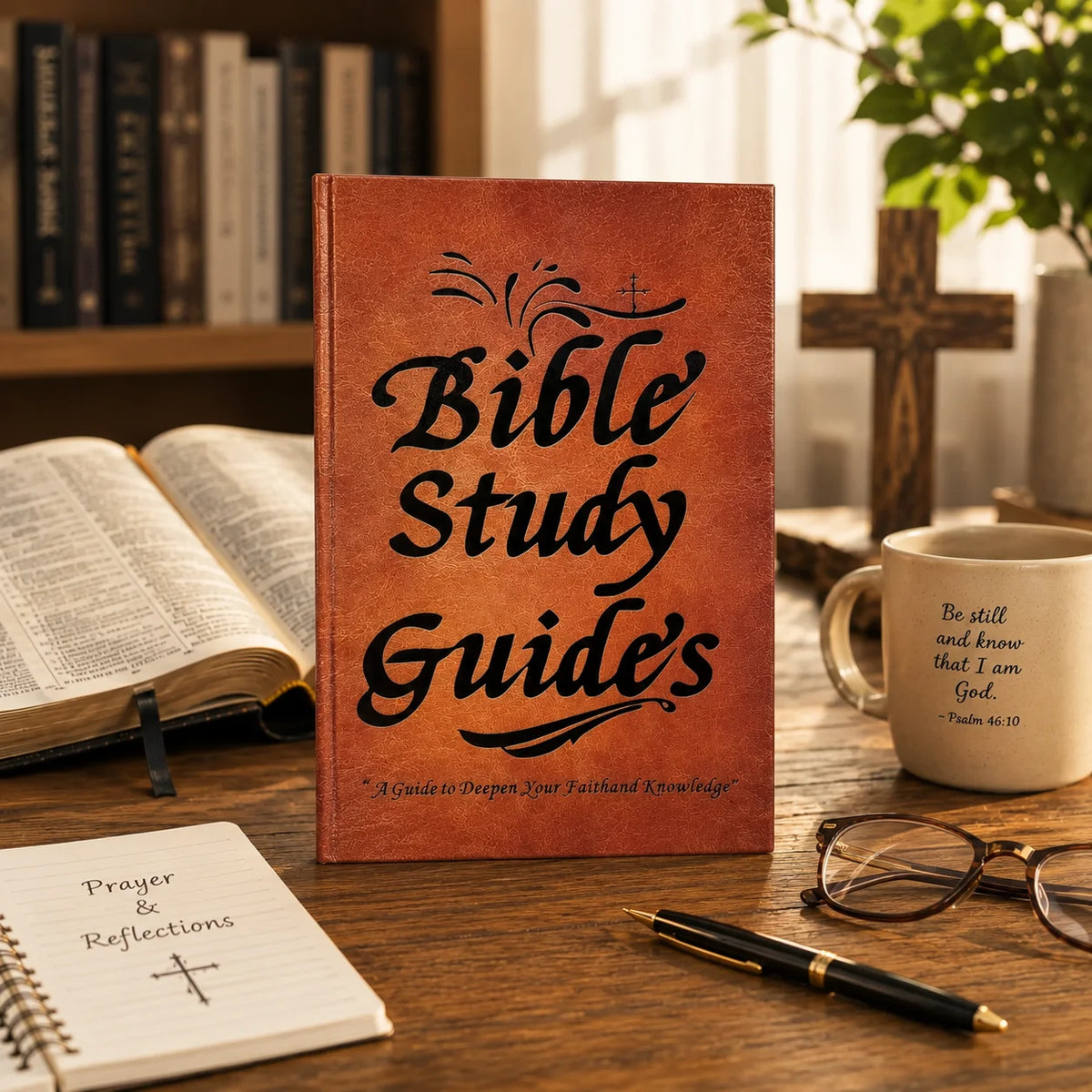 A leather-bound Bible study guide book resting on a wooden table next to a notebook and glasses.