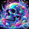A vibrant diamond painting featuring a skull surrounded by glowing neon flowers and cosmic elements.