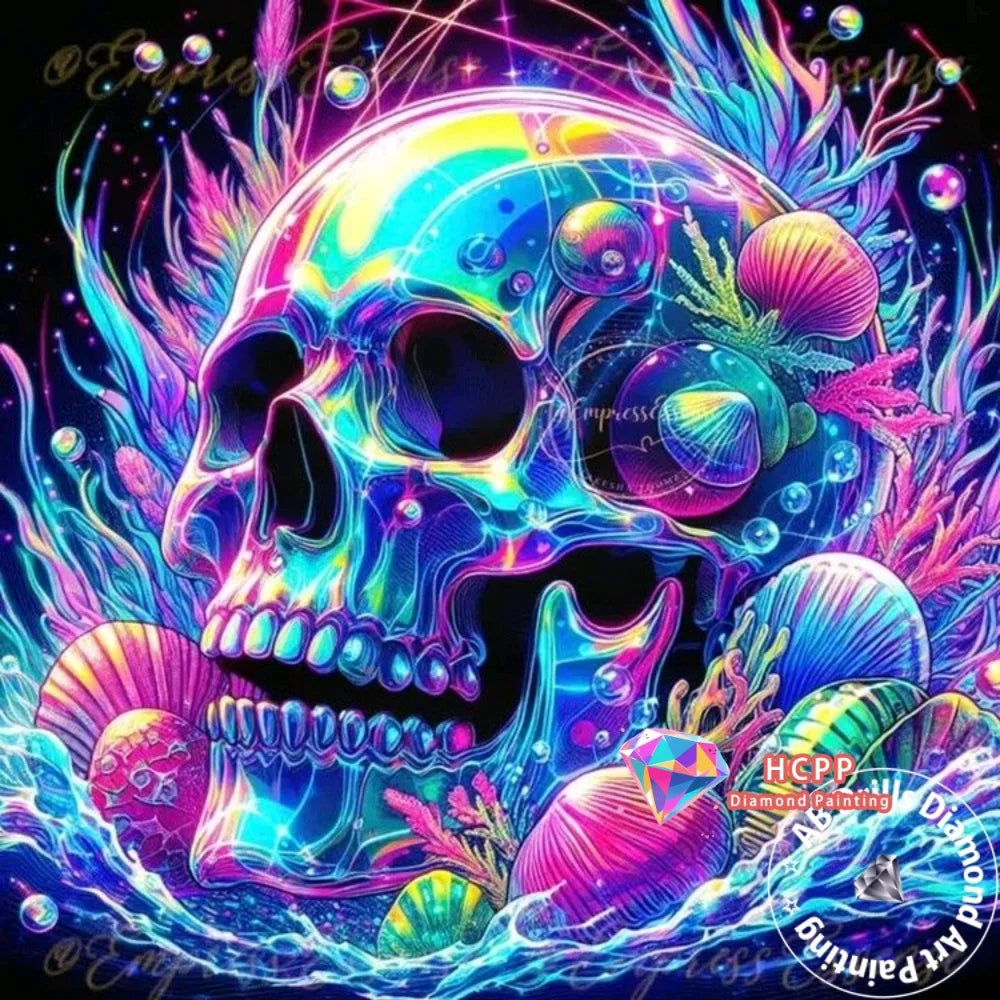 A vibrant diamond painting featuring a skull surrounded by glowing neon flowers and cosmic elements.