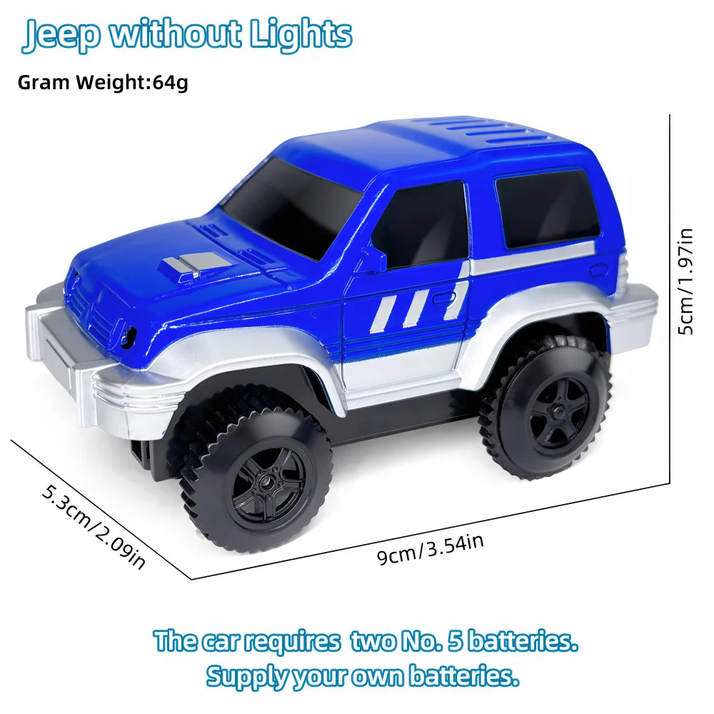 Blue Jeep toy car without lights, measuring 5cm long and 1.97 inches tall.