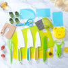 A collection of various safe plastic play knives and tools in green, yellow, and blue on a white surface.