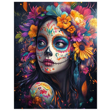 A vibrant diamond painting featuring a woman's face decorated with intricate skull patterns and a colorful floral crown.