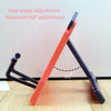 An orange adjustable portable book stand is shown at a 60-degree angle against a white background.