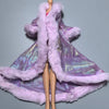 A purple iridescent fabric garment draped over a mannequin, trimmed with fluffy pink faux fur.